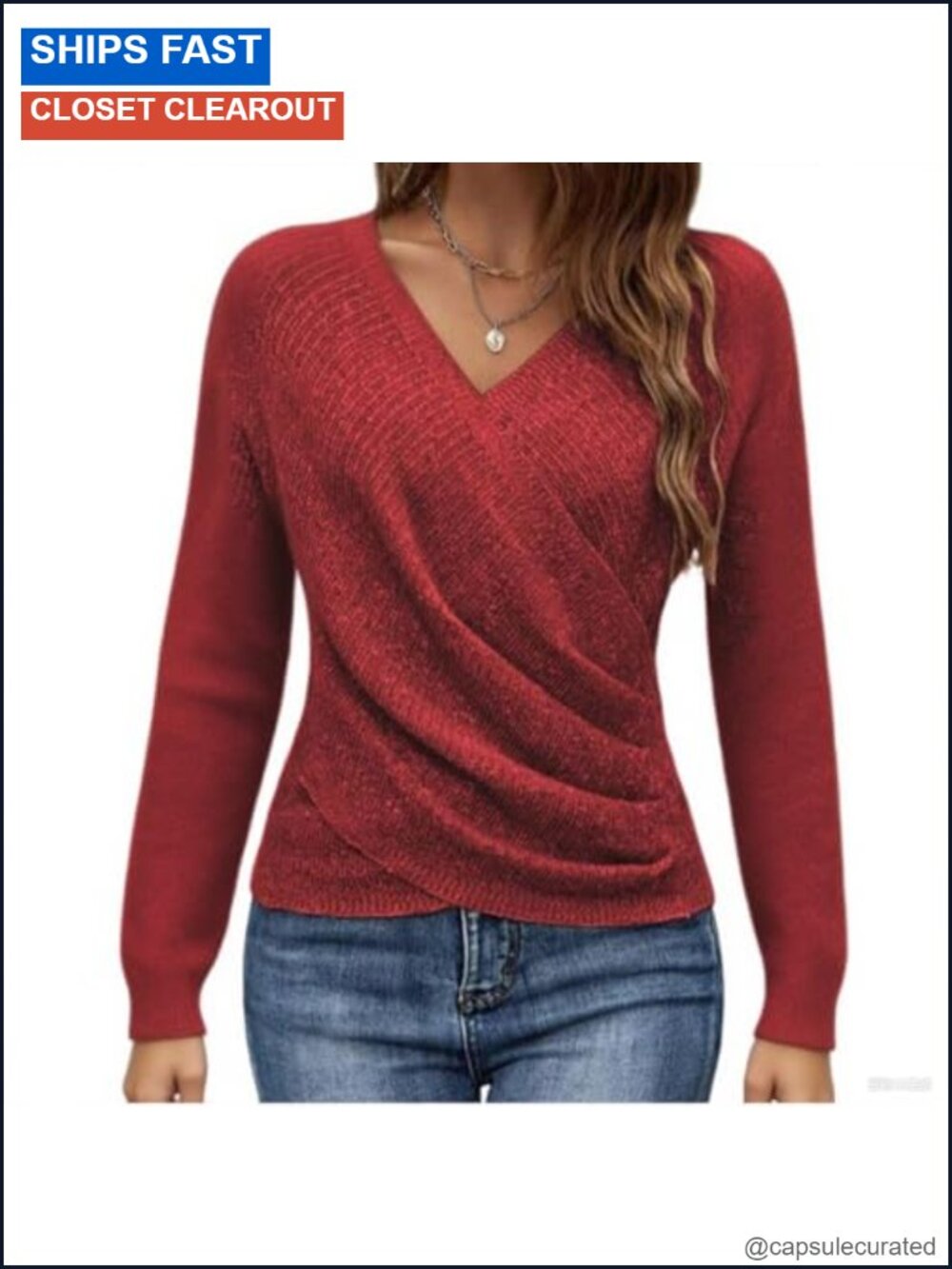 Women's V-Neck Criss Cross Pullover Sweater Long Sleeve Knit Fall Top